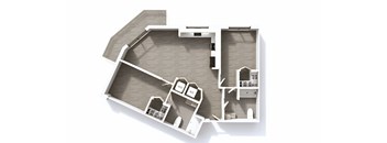A white architectural model of a house with a kitchen and living room.
