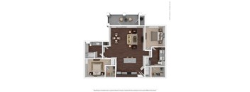 A floor plan of a house with a living room, dining room, kitchen, and two bedrooms.