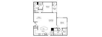A black and white image of a floor plan for a home with a living room, dining room, kitchen, and two bedrooms.