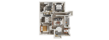 A detailed 3D floor plan of a house showing all rooms and their layouts.