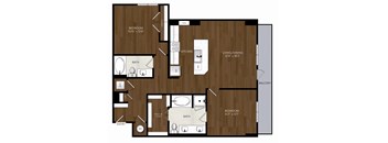 A floor plan of a house with a living room, dining room, kitchen, two bathrooms, and two bedrooms.