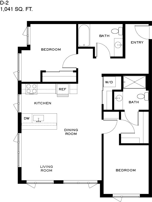 A black and white image of a D-2 floor plan with 1,041 square feet.