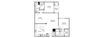 A floor plan of a home with a living room, dining room, kitchen, and two bedrooms.