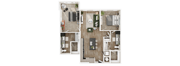 A floor plan of a house with a living room, kitchen, and two bedrooms.