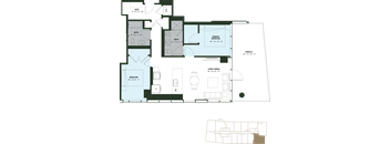 A floor plan of a house with a living room, two bathrooms, a dining room, and a terrace.