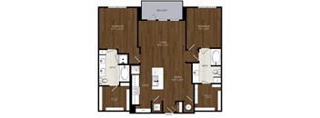 A floor plan of a balcony style apartment with two bedrooms, a living area, a dining area, a kitchen, a bathroom, a walk-in closet, and a panic room.