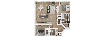A top-down view of a house layout with a living room, kitchen, and bedrooms.