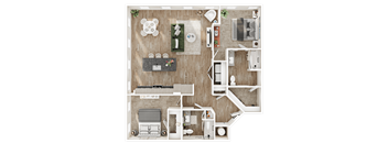 A top-down view of a small apartment layout with a kitchen, living room, and bathroom.