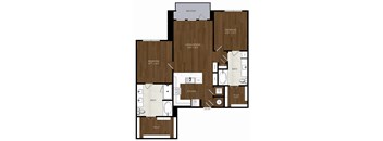 A floor plan of a house with a balcony, two bedrooms, a living/dining area, a kitchen, a bath, and a walk-in closet.