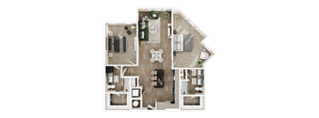 A detailed 3D floor plan of a house layout.