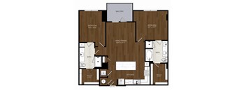 A floor plan of an apartment with a balcony, two bedrooms, a living/dining area, a kitchen, a bathroom, and a walk-in closet.