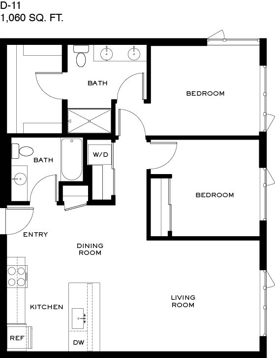 A floor plan of a one bedroom apartment with a living room, dining room, kitchen and two bathrooms.