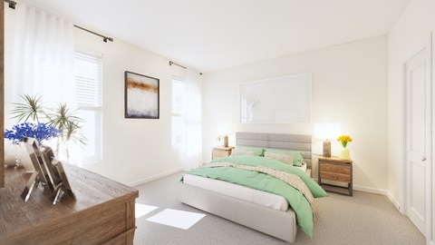 A bedroom with a large bed and a wooden dresser.
