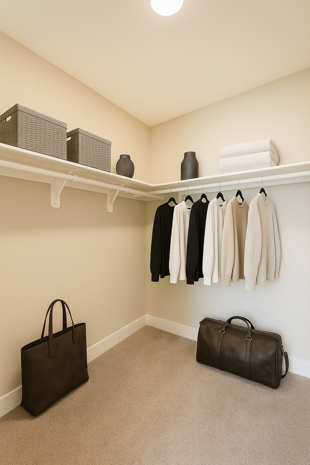A room with a white shelf, a brown bag, and a brown suitcase.