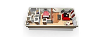 an overhead view of a living room with a red couch