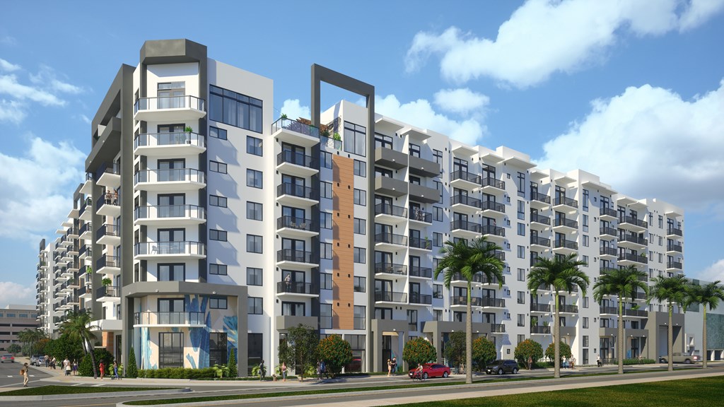 a rendering of an apartment building on a city street