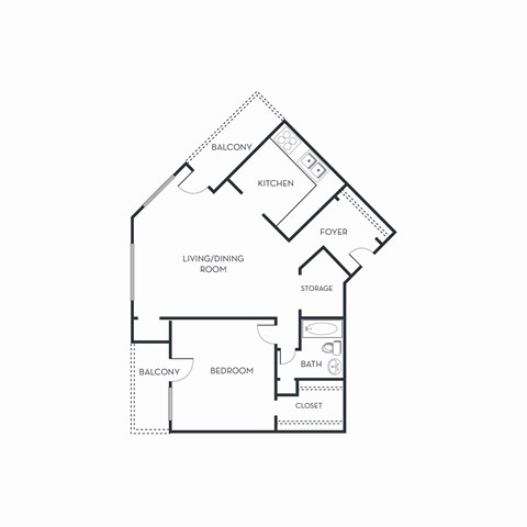 a floor plan of a bedroom floor plan with an open concept living room and kitchen at The Burlington Apartments in St Paul, MN