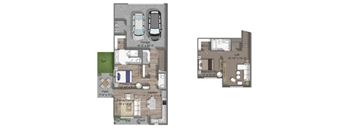 2x2 1293 sqft floor plan of a house with a garage, two bedrooms, a living room, a kitchen, a dining room, and a patio.