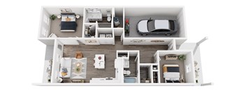 A top-down view of a two-story house with a car parked in the garage.