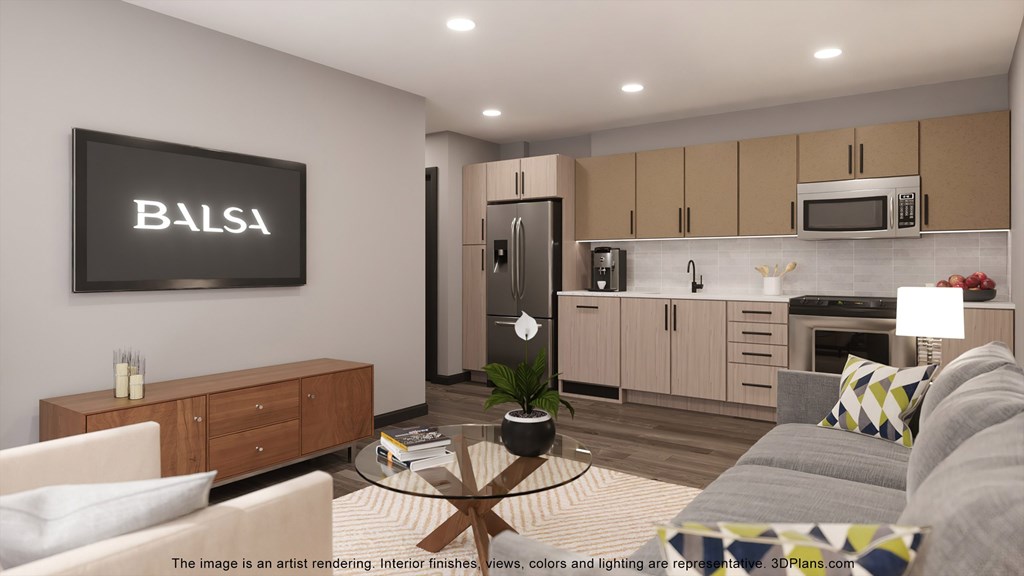 a rendering of a living room and kitchen in a model home
