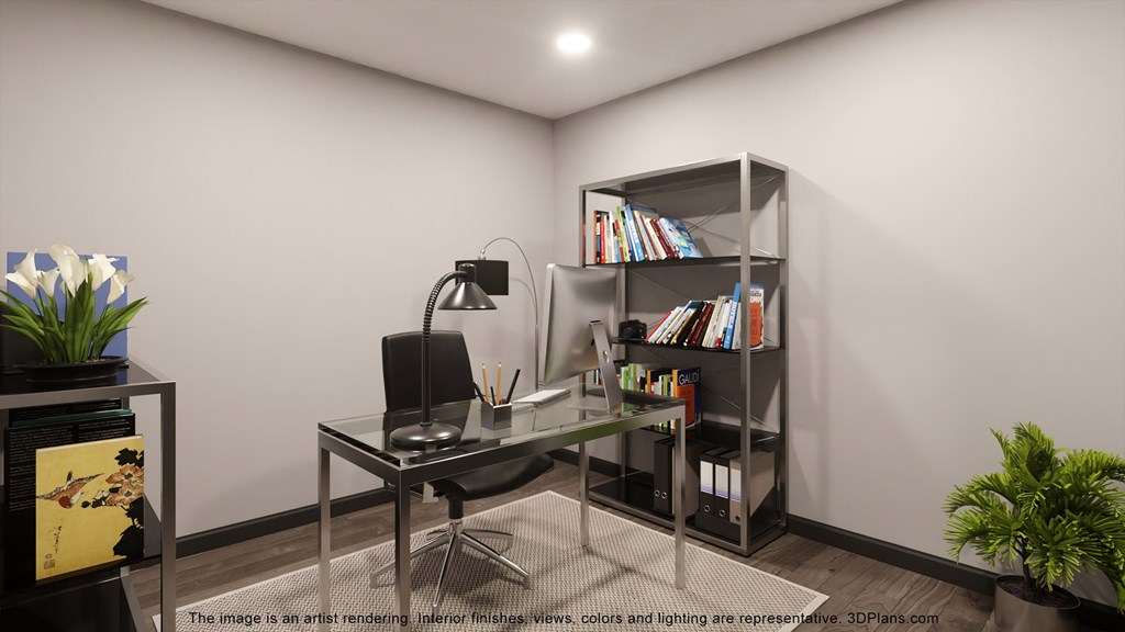 a living room with a bookshelf and a desk with a computer