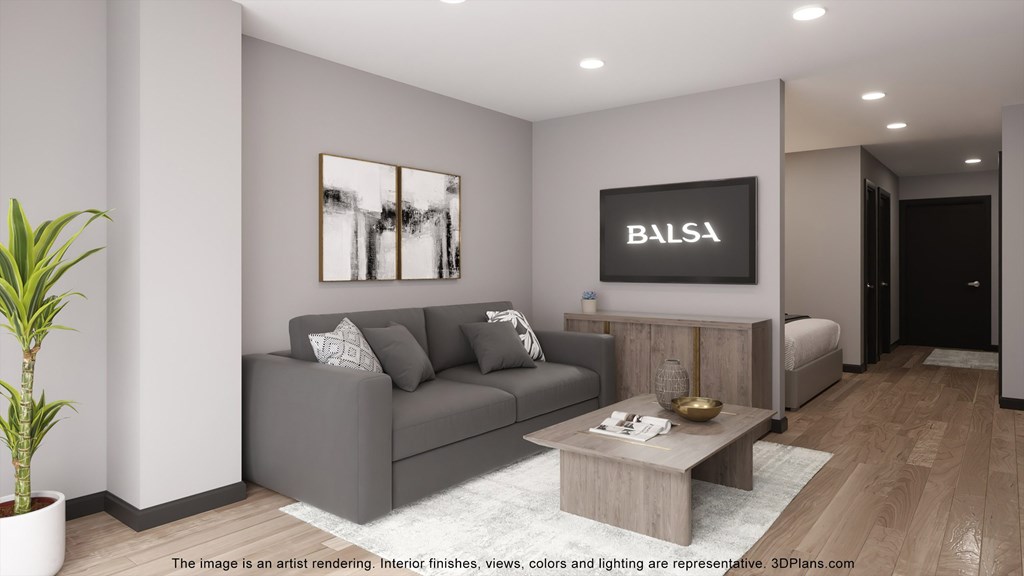 a rendering of a living room with a couch and a table