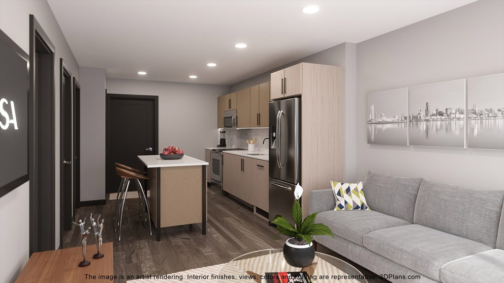 a rendering of a kitchen and living room in an apartment