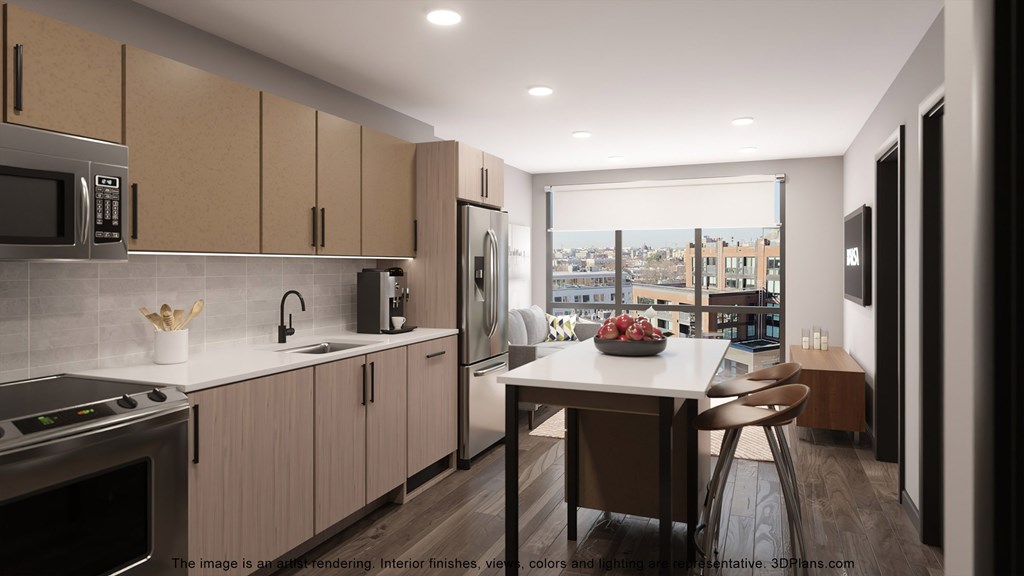 a rendering of a kitchen and dining room with a city view