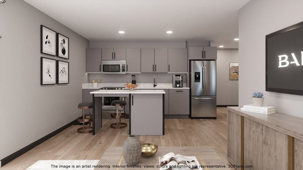 the image is an artist rendering of a kitchen with a bar and stainless steel appliances