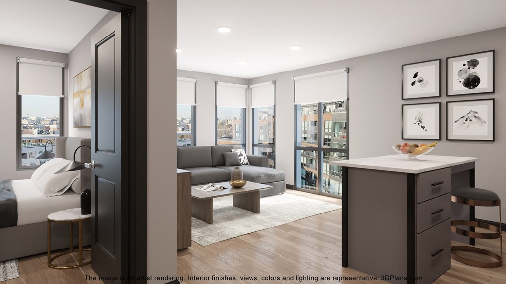 a rendering of a living room with a view of the city