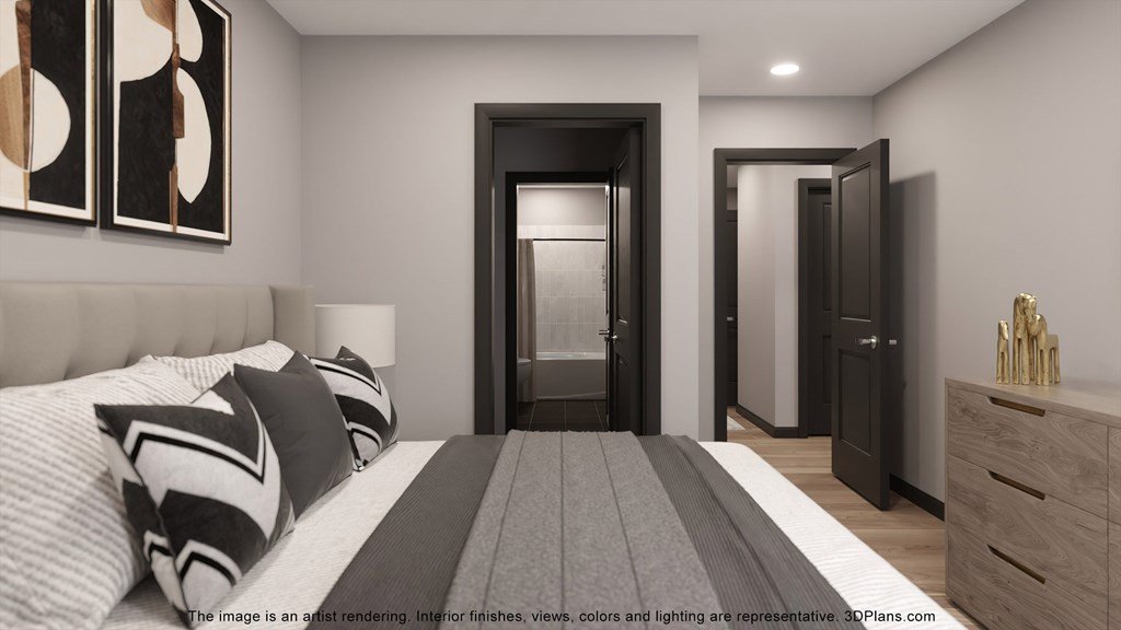 a rendering of a bedroom with a bed and a bathroom