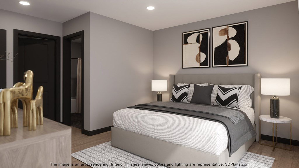 a rendering of a bedroom with a bed and art on the wall
