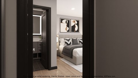 a view into a bedroom with a bed and a mirror