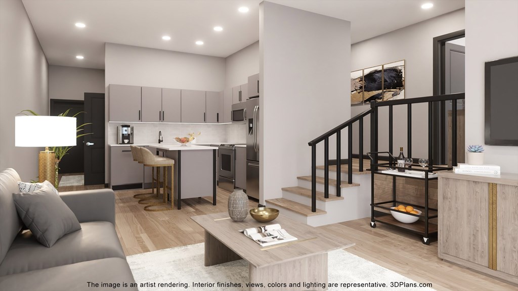 a rendering of a living room and kitchen in an apartment
