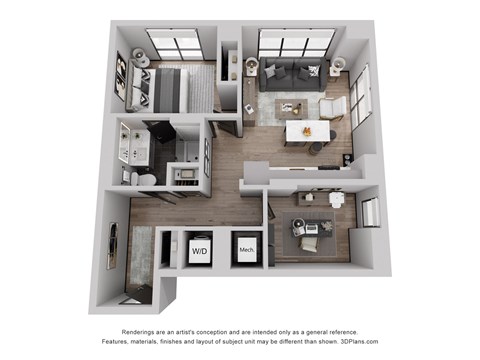 a 1 bedroom floorplan is shown with a bedroom and living room