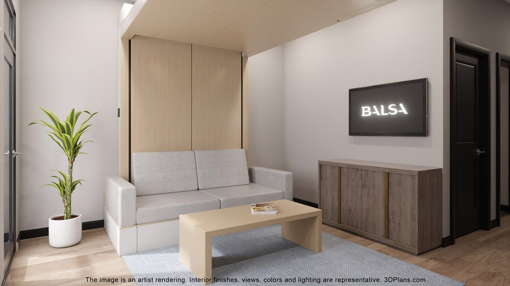 a rendering of a living room with a couch and a coffee table