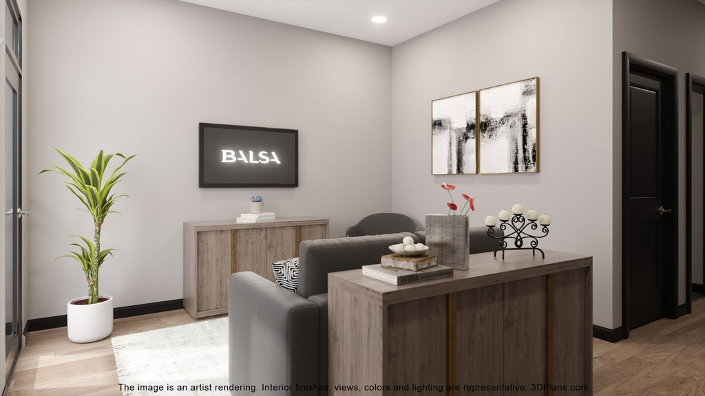 the image is an interior rendering of a living room with a desk and a chair