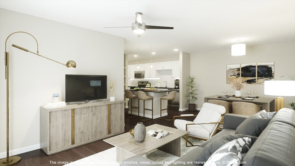 Apartments for Rent in Gallatin TN - Banner at Westfield - Living Room with White Walls, Dark Flooring, Sofa, TV, and Dining Table, with Ktichen in Background