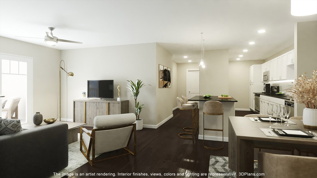 Gallatin TN Apartments - Banner at Westfield - Living Room, Kitchen, and Hallway View, with Dark Wood Flooring, Ceiling Fan, and Lights