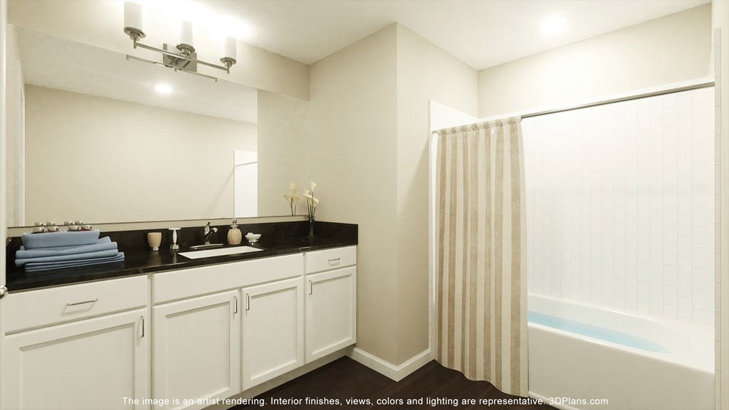 Apartments in Gallatin TN For Rent - Banner at Westfield - Full Bathroom with Shower and Tub, and Black-topped Vanity with White Cabinets