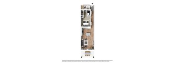 A floor plan of a small apartment with a kitchen, living room, and bedroom.