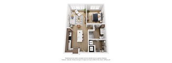 A 3D floor plan of a small apartment with a kitchen, living room, and bedroom.