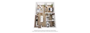 A 3D floor plan of a small apartment with a kitchen, living room, and bathroom.