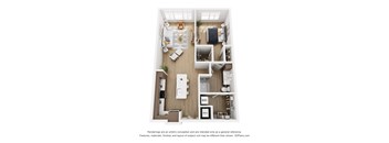 A 3D floor plan of a small apartment with a kitchen, living room, and bedroom.
