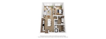 A 3D floor plan of a small apartment with a kitchen, living room, and bathroom.