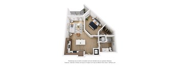 A 3D floor plan of a small apartment with a kitchen, living room, and bathroom.