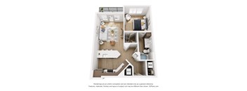 A 3D floor plan of a small apartment with a kitchen, living room, and bathroom.