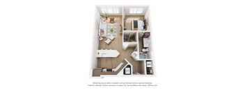 A 3D floor plan of a small apartment with a kitchen, living room, and bedroom.