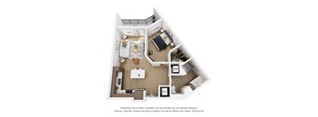 A 3D floor plan of a small apartment with a kitchen, living room, and bedroom.