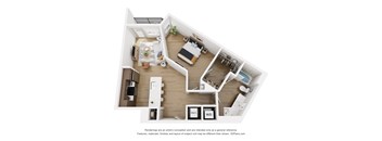 A 3D floor plan of a small apartment with a kitchen, living room, and bathroom.